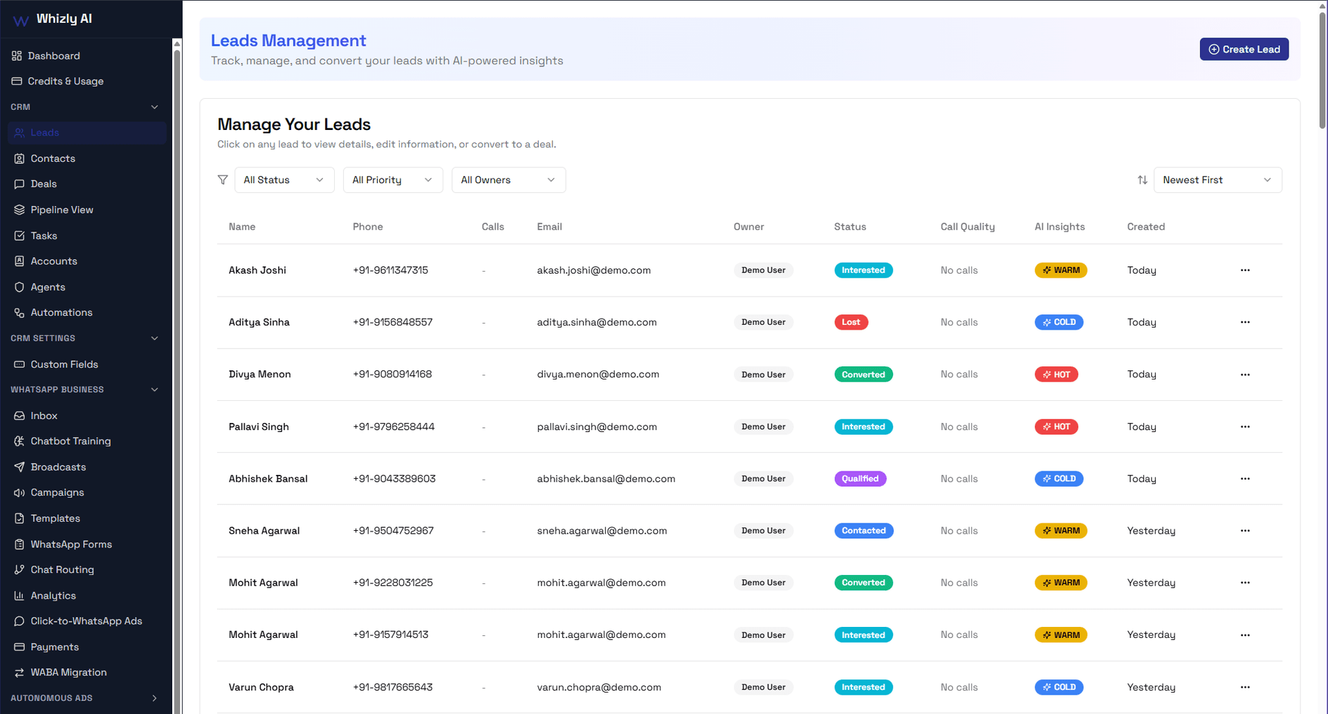 Whizly AI Leads Management dashboard showing complete lead tracking with AI-powered insights, status badges, call quality scores, and owner assignments in real-time CRM interface